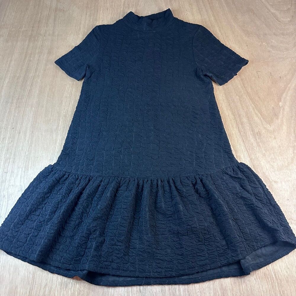 ZARA Black Textured Mini Dress 🖤 Drop Waist Mock Neck Size S